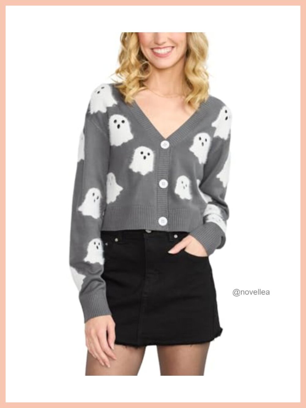 Tipsy Elves Halloween Cardigan Women Button-Up Fuzzy Gray Ghost Print